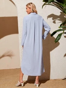 SHEIN LUNE 捲邊袖斜插口袋弧形下擺連衣裙不附腰帶 - 霧霾藍 - 查看 2