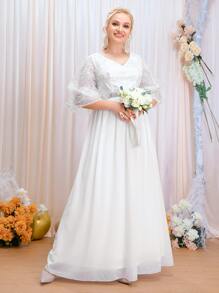 SHEIN Belle Plus Sequin Decor Chiffon Wedding Dress - White - View 1