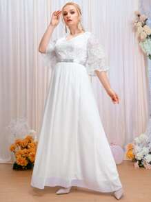 SHEIN Belle Plus Sequin Decor Chiffon Wedding Dress - White - View 3