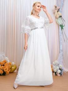 SHEIN Belle Plus Sequin Decor Chiffon Wedding Dress - White - View 4