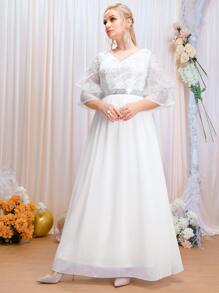 SHEIN Belle Plus Sequin Decor Chiffon Wedding Dress - White - View 5