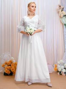 SHEIN Belle Plus Sequin Decor Chiffon Wedding Dress - White - View 7