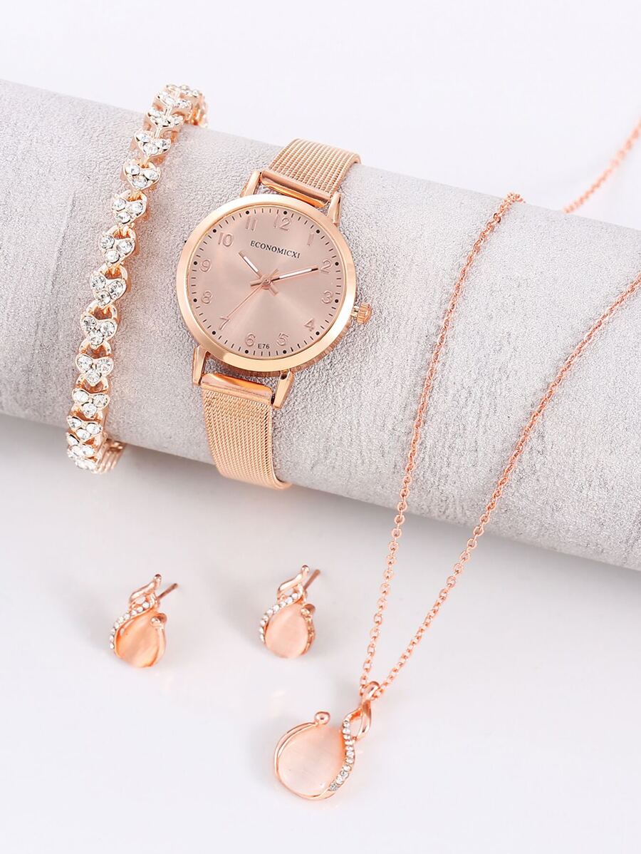 1pc Mesh Strap Round Pointer Quartz Watch & 4pcs Jewelry Set - Rose Gold - View 1