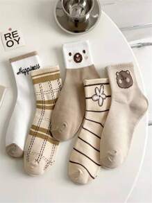 5pairs Floral Print Crew Socks - Multicolor - View 1