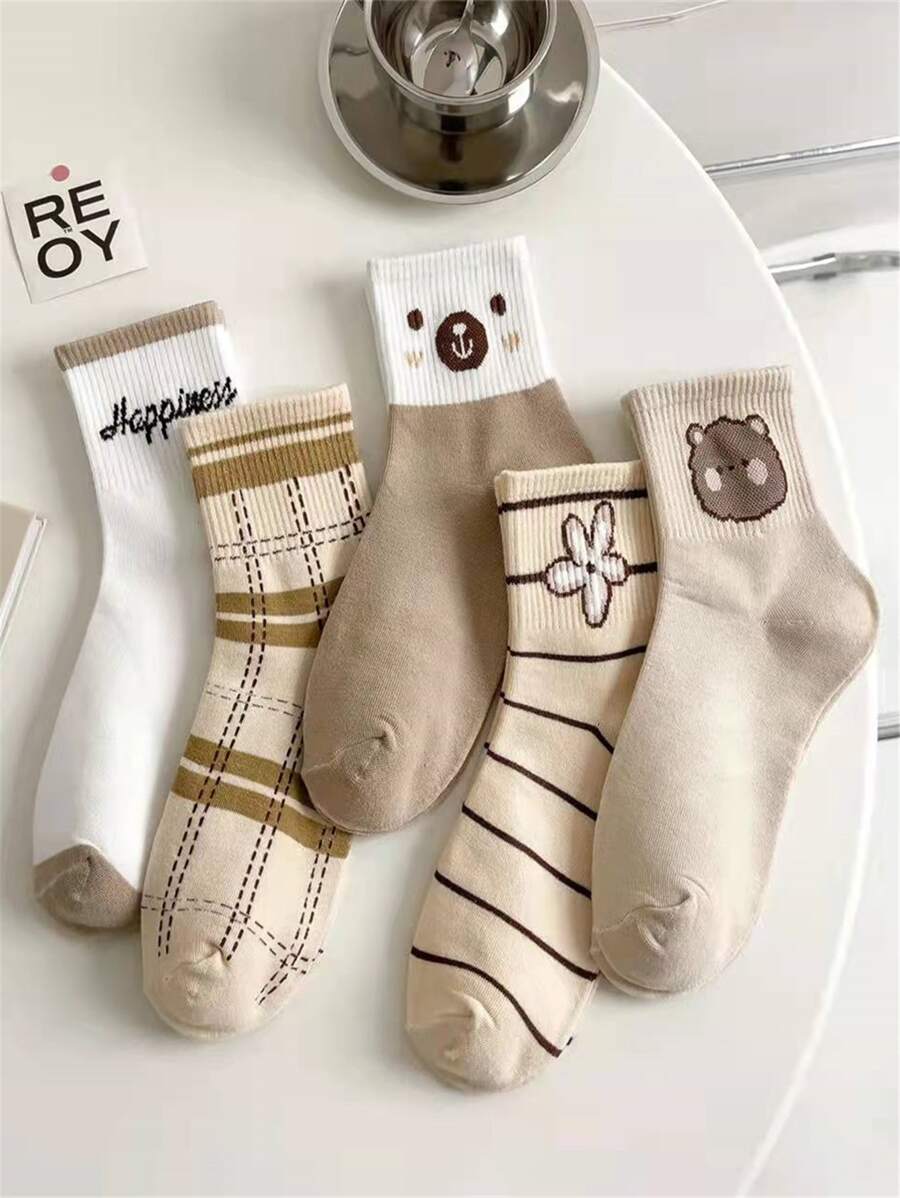 5pairs Floral Print Crew Socks - Multicolor - View 1