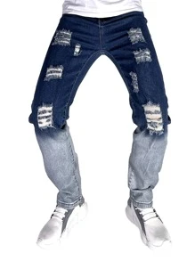 ROMWE MEN Guys Washed Ripped Jeans - Dark Wash - View 1