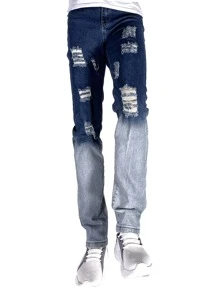 ROMWE MEN Guys Washed Ripped Jeans - Dark Wash - View 3