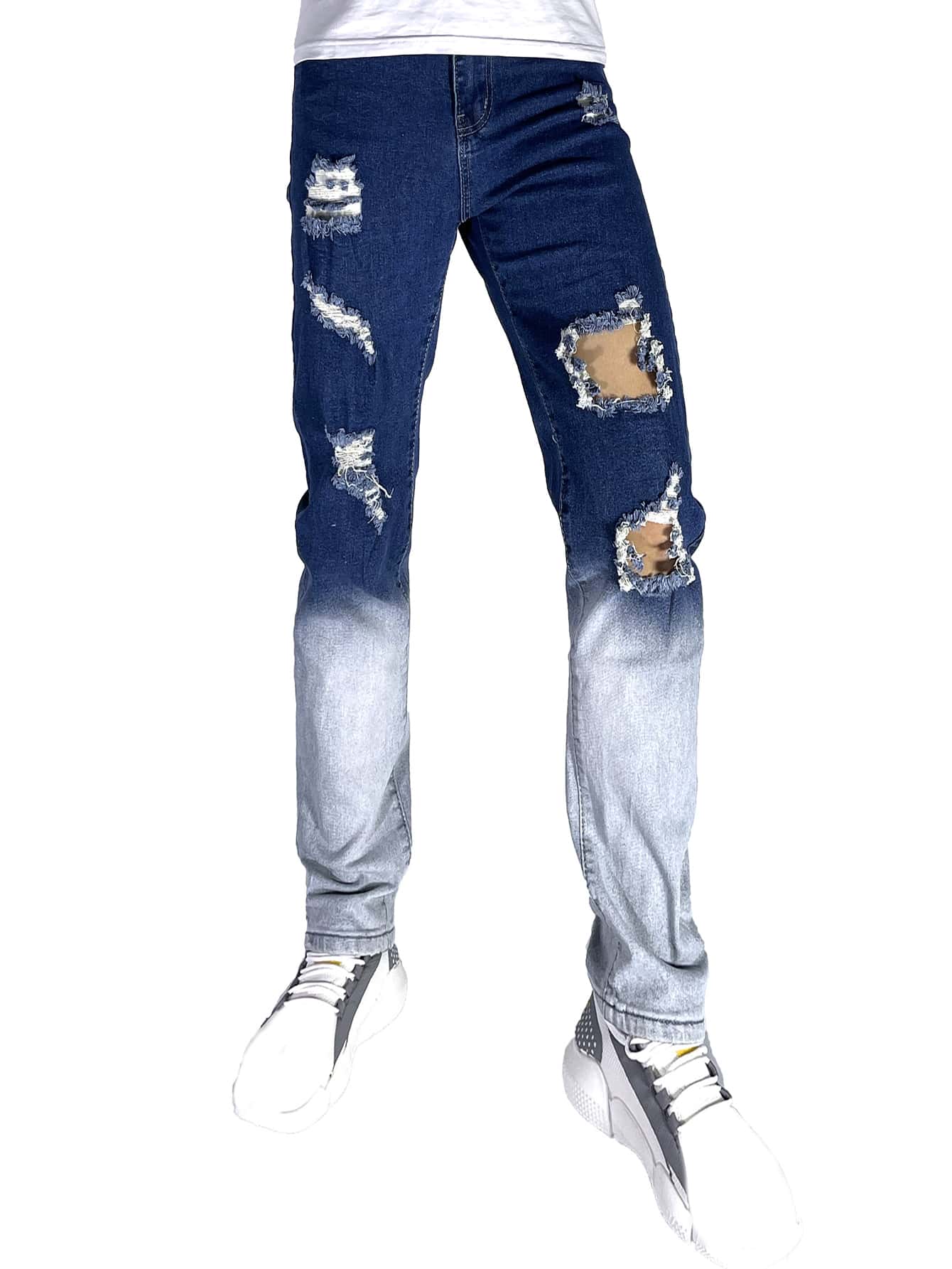 ROMWE MEN Guys Washed Ripped Jeans - Dark Wash - View 4