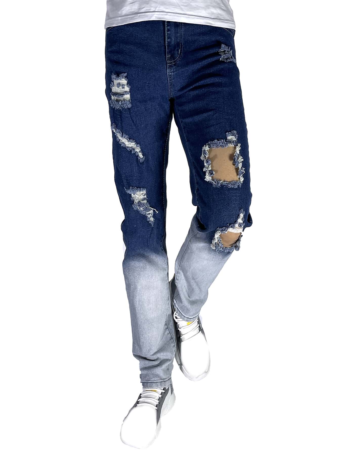 ROMWE MEN Guys Washed Ripped Jeans - Dark Wash - View 5