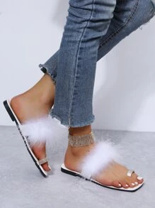 Toe Ring Fluffy Strap Flat Thong Sandals - White - View 4