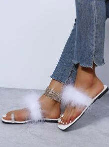 Toe Ring Fluffy Strap Flat Thong Sandals - White - View 3