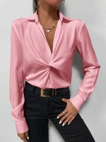 SHEIN Privé Work Women Solid Twist Front Blouse - Pink - View 3