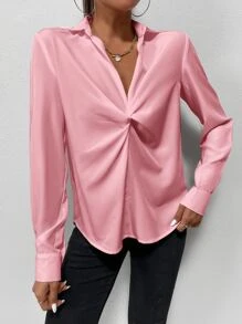 SHEIN Privé Work Women Solid Twist Front Blouse - Pink - View 6