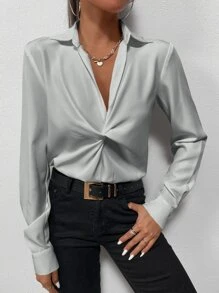 SHEIN Privé Blusa unicolor girante delantero - Gris - Ver 6