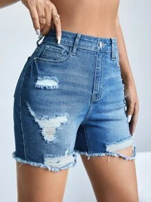 SHEIN Quần short denim nữ Túi Hem thô Bị tách màu trơn - Rửa trung bình - Xem 1