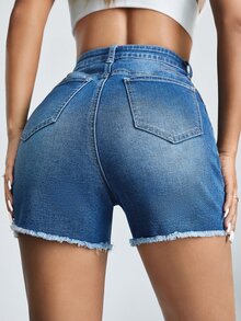 SHEIN Quần short denim nữ Túi Hem thô Bị tách màu trơn - Rửa trung bình - Xem 2