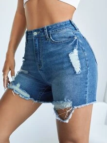 SHEIN Quần short denim nữ Túi Hem thô Bị tách màu trơn - Rửa trung bình - Xem 4
