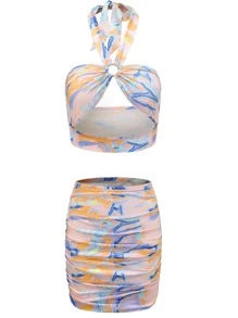 Bộ đồ hai mảnh nữ Lộ Lưng Cắt ra Nhẫn Xù Buộc lại Đồ họa Gợi cảm - Nhiều màu - Xem 1