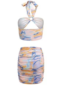 Bộ đồ hai mảnh nữ Lộ Lưng Cắt ra Nhẫn Xù Buộc lại Đồ họa Gợi cảm - Nhiều màu - Xem 2