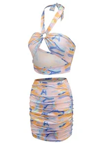 Bộ đồ hai mảnh nữ Lộ Lưng Cắt ra Nhẫn Xù Buộc lại Đồ họa Gợi cảm - Nhiều màu - Xem 3