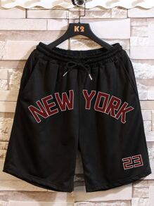 Aesthetic Post 男款寬鬆短褲,印有字母圖形,腰間有束繩 - 黑色 - 查看 1