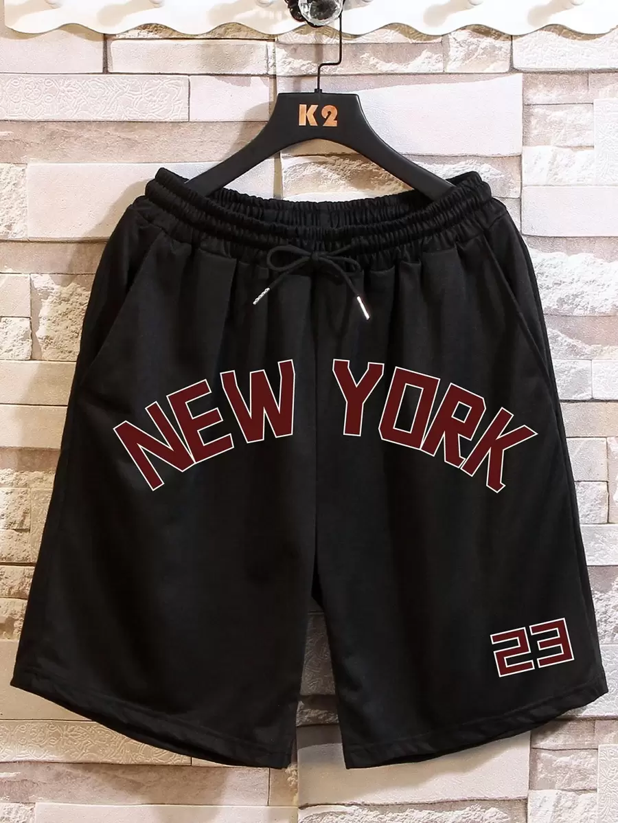 Aesthetic Post 男款寬鬆短褲,印有字母圖形,腰間有束繩 - 黑色 - 查看 1