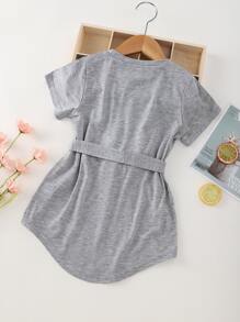 SHEIN 小女童弧形下擺腰帶T恤連衣裙 - 淺灰色 - 查看 2