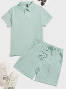 Manfinity VCAY Men Solid Polo Shirt & Seam Front Shorts - Mint Green - View 1