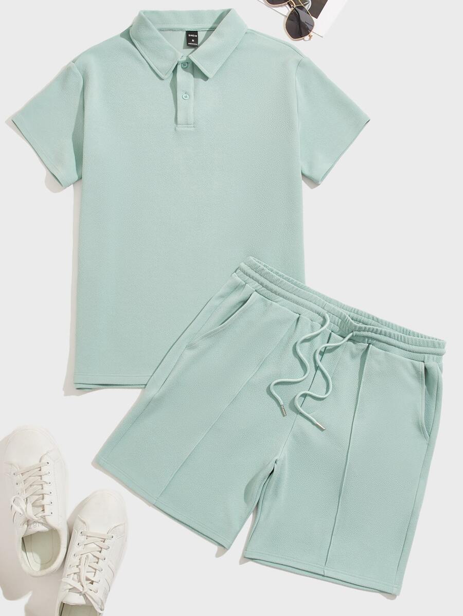 Manfinity VCAY Men Solid Polo Shirt & Seam Front Shorts - Mint Green - View 1