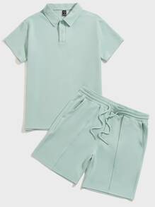 Manfinity VCAY Men Solid Polo Shirt & Seam Front Shorts - Mint Green - View 5