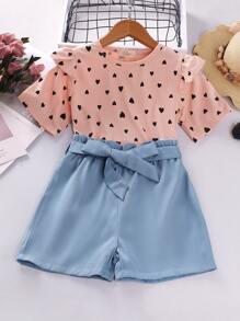 女孩愛心圖案荷葉邊T恤和附腰帶短褲 - 彩色 - 查看 1