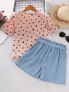 女孩愛心圖案荷葉邊T恤和附腰帶短褲 - 彩色 - 查看 2