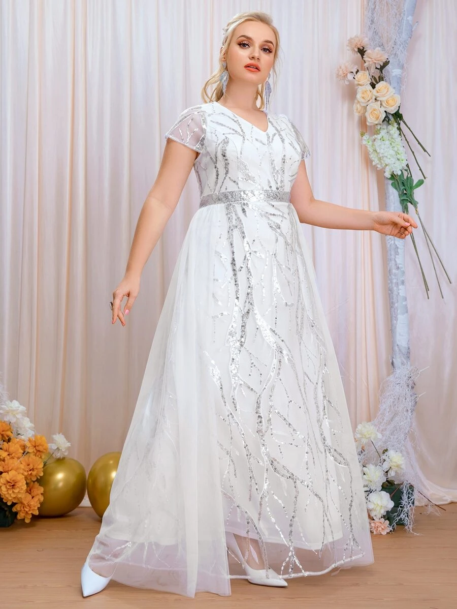 SHEIN Belle Plus Sequin Insert Contrast Lace Mesh Wedding Dress - White - View 1