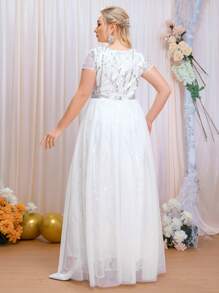 SHEIN Belle Plus Sequin Insert Contrast Lace Mesh Wedding Dress - White - View 2