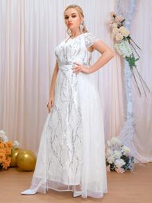 SHEIN Belle Plus Sequin Insert Contrast Lace Mesh Wedding Dress - White - View 3