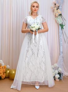 SHEIN Belle Plus Sequin Insert Contrast Lace Mesh Wedding Dress - White - View 4