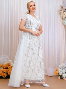SHEIN Belle Plus Sequin Insert Contrast Lace Mesh Wedding Dress - White - View 6