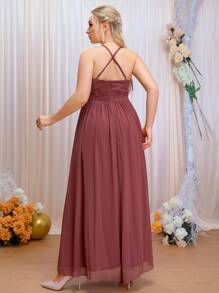 SHEIN Belle 大碼後背十字交叉交叉領雪紡伴娘連衣裙 - 紅木色 - 查看 2