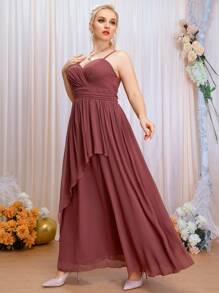 SHEIN Belle 大碼後背十字交叉交叉領雪紡伴娘連衣裙 - 紅木色 - 查看 3