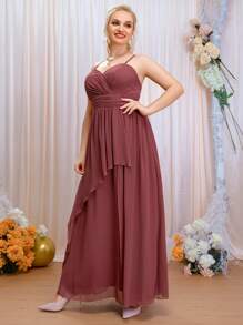 SHEIN Belle 大碼後背十字交叉交叉領雪紡伴娘連衣裙 - 紅木色 - 查看 4