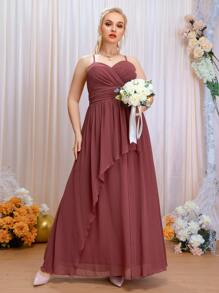 SHEIN Belle 大碼後背十字交叉交叉領雪紡伴娘連衣裙 - 紅木色 - 查看 5