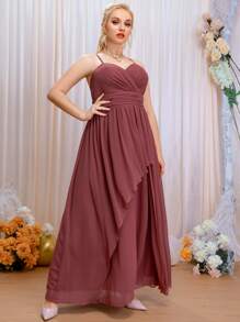 SHEIN Belle 大碼後背十字交叉交叉領雪紡伴娘連衣裙 - 紅木色 - 查看 6