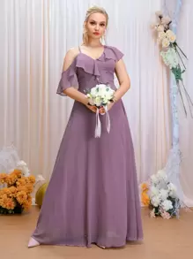 SHEIN Belle Plus Asymmetrical Neck Ruffle Trim Chiffon Maxi Bridesmaid Dress - Purple - View 1