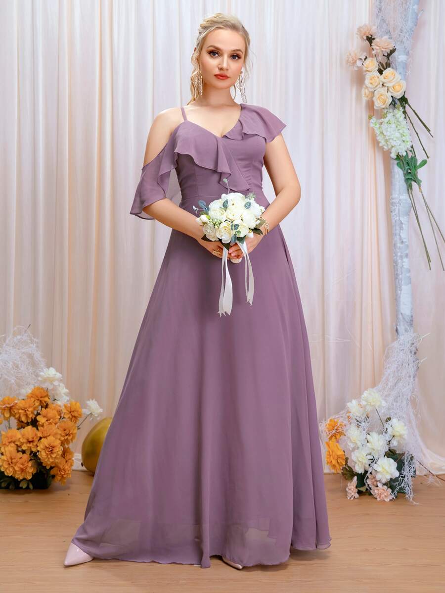 SHEIN Belle Plus Asymmetrical Neck Ruffle Trim Chiffon Maxi Bridesmaid Dress - Purple - View 1