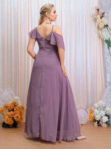 SHEIN Belle Plus Asymmetrical Neck Ruffle Trim Chiffon Maxi Bridesmaid Dress - Purple - View 2