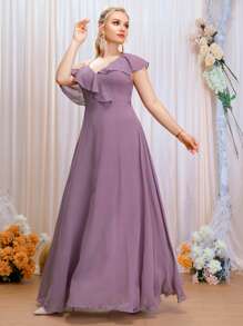 SHEIN Belle Plus Asymmetrical Neck Ruffle Trim Chiffon Maxi Bridesmaid Dress - Purple - View 3