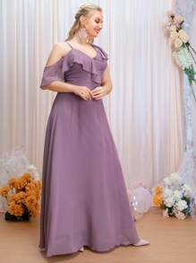 SHEIN Belle Plus Asymmetrical Neck Ruffle Trim Chiffon Maxi Bridesmaid Dress - Purple - View 4