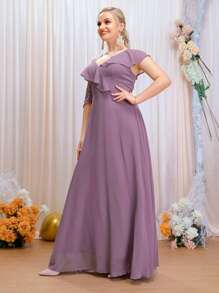 SHEIN Belle Plus Asymmetrical Neck Ruffle Trim Chiffon Maxi Bridesmaid Dress - Purple - View 6