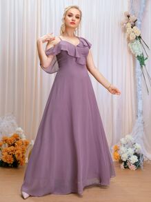 SHEIN Belle Plus Asymmetrical Neck Ruffle Trim Chiffon Maxi Bridesmaid Dress - Purple - View 7