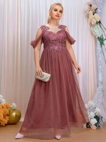 SHEIN Belle Plus Cold Shoulder Sequin Insert Contrast Lace Mesh Bridesmaid Dress - Redwood - View 1